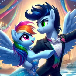 Size: 1024x1024 | Tagged: safe, ai content, derpibooru import, machine learning generated, prompter:*rainbow dash*, rainbow dash, soarin', semi-anthro, ballroom, clothes, dancing, dress, female, g4, generator:bing image creator, image, looking at each other, looking at someone, male, png, rainbow dash always dresses in style, shipping, soarindash, spread wings, straight, suit, wings