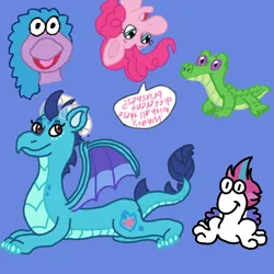 Size: 2500x2500 | Tagged: safe, artist:mintwhistle, derpibooru import, gummy, izzy moonbow, pinkie pie, princess ember, zipp storm, alligator, dragon, earth pony, pony, g5, blue background, breaking the fourth wall, bust, colored wings, dialogue, dragon wings, dragoness, female, fraggle, fraggle rock, g4, g4 to g5, generation leap, group, horns, image, in which pinkie pie forgets how to gravity, looking at someone, looking at you, lying down, male, mare, medibang paint, multicolored wings, nerds, neutral, open mouth, open smile, pinkie being pinkie, pinkie physics, png, prone, quadrupedal, quintet, silly, simple background, smiling, smiling at you, species swap, speech bubble, sploot, spread wings, upside down, wat, wings