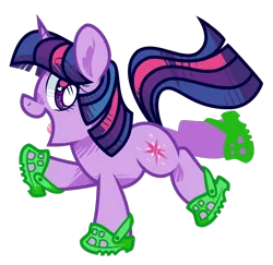 Size: 1018x989 | Tagged: safe, artist:yokokinawa, twilight sparkle, pony, unicorn, chibi, crocs, female, image, open mouth, open smile, png, side view, simple background, smiling, solo, sparkles, transparent background, twilight crockle, unicorn twilight