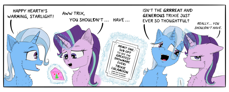 Size: 4000x1611 | Tagged: safe, artist:chopsticks, derpibooru import, starlight glimmer, trixie, pony, unicorn, cheek fluff, chest fluff, comic, dialogue, duo, ear fluff, female, floppy ears, hearth's warming, image, magic, magic aura, open mouth, png, present, simple background, starlight glimmer is not amused, telekinesis, text, unamused, white background