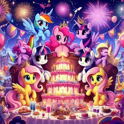 Size: 1024x1024 | Tagged: safe, ai content, derpibooru import, machine learning generated, prompter:princessoflovepinkyt, fluttershy, pinkie pie, rainbow dash, twilight sparkle, twilight sparkle (alicorn), alicorn, cake, food, happy new year, holiday, image, jpeg