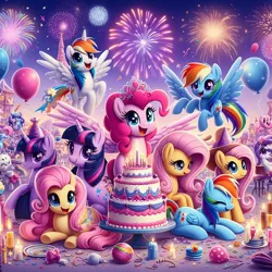 Size: 1024x1024 | Tagged: safe, ai content, derpibooru import, machine learning generated, prompter:princessoflovepinkyt, fluttershy, pinkie pie, rainbow dash, twilight sparkle, happy new year, holiday, image, jpeg
