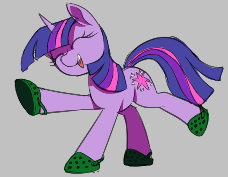 Size: 914x712 | Tagged: safe, artist:thebatfang, derpibooru import, twilight sparkle, pony, unicorn, crocs, cute, dancing, do the sparkle, eyes closed, female, gray background, image, mare, open mouth, open smile, png, simple background, smiling, solo, twiabetes, twilight crockle, unicorn twilight