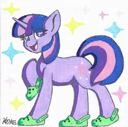 Size: 1228x1217 | Tagged: safe, artist:koapony, twilight sparkle, pony, unicorn, crocs, eye clipping through hair, happy, image, jpeg, looking at you, open mouth, open smile, raised hoof, smiling, solo, sparkles, traditional art, twilight crockle, unicorn twilight