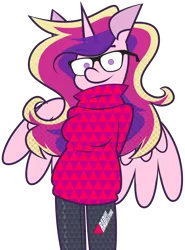 Size: 4928x6672 | Tagged: safe, artist:threetwotwo32232, derpibooru import, princess cadance, alicorn, anthro, clothes, female, glasses, image, looking at you, png, simple background, sweater, transparent background