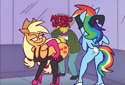 Size: 750x514 | Tagged: suggestive, artist:threetwotwo32232, derpibooru import, edit, applejack, rainbow dash, anthro, earth pony, pegasus, ass, butt, female, image, png, the simpsons, waylon smithers