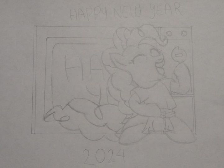 Size: 720x540 | Tagged: safe, artist:rosasaav, derpibooru import, pinkie pie, 2024, clothes, happy new year, happy new year 2024, holiday, image, jpeg, sitting, television, traditional art