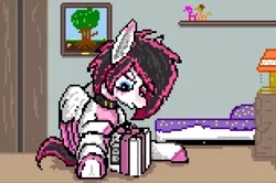 Size: 928x616 | Tagged: safe, artist:damset, derpibooru import, applejack, pinkie pie, oc, oc:lunylin, unofficial characters only, pegasus, pony, bed, closet, collar, female, gift art, happy birthday, hidden, image, mare, ms paint, picture, picture frame, pixel art, png, present, statuette
