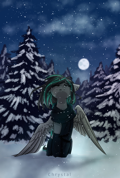 Size: 1378x2039 | Tagged: artist needed, safe, artist:chrystal_company, derpibooru import, oc, oc:lumishade, unofficial characters only, pegasus, clothes, cloud, derpibooru exclusive, female, image, jpeg, looking up, moon, night, one eye closed, scarf, secret santa, snow, snowfall, snowflake, socks, solo, standing, stockings, thigh highs, tree