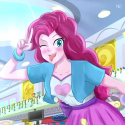 Size: 3000x3000 | Tagged: safe, artist:leikokun, derpibooru import, pinkie pie, human, equestria girls, ;p, canterlot mall, female, image, jpeg, looking at you, one eye closed, open mouth, open smile, peace sign, smiling, solo, tongue out, wink, winking at you
