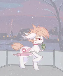 Size: 2000x2408 | Tagged: safe, artist:wave, derpibooru import, oc, oc:white mouse, unofficial characters only, bat pony, pony, albino, bat pony oc, bat wings, collar, evening, female, image, looking at you, mare, mistletoe, pink eyes, png, snow, snowfall, solo, wings