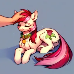 Size: 4096x4096 | Tagged: safe, ai content, derpibooru import, machine learning generated, prompter:doom9454, stable diffusion, roseluck, human, pony, behaving like a cat, collar, cute, eyes closed, fluffy, generator:purplesmart.ai, hand, image, jpeg, lying down, offscreen character, offscreen human, pet tag, petting, pony pet, rosepet