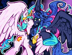 Size: 2560x1936 | Tagged: safe, artist:kizupoko, derpibooru import, princess celestia, princess luna, alicorn, cel shading, cutie mark, female, hug, image, jpeg, shading, siblings, sisters, sparkles, sparkling mane, wings