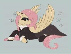 Size: 4096x3094 | Tagged: safe, artist:jezebel_remedy, derpibooru import, fluttershy, butterfly, insect, pegasus, pony, female, floppy ears, fluttergoth, gray background, heart, image, jpeg, lidded eyes, lying down, mare, prone, simple background, solo