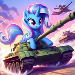 Size: 519x519 | Tagged: safe, ai content, derpibooru import, machine learning generated, prompter:vanilla5751, tank, trixie, pony, unicorn, alternate cutie mark, alternate hairstyle, female, g4, image, jpeg, mare, solo, war