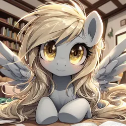 Size: 1024x1024 | Tagged: safe, ai content, derpibooru import, machine learning generated, derpy hooves, pegasus, pony, anime style, blurry background, blushing, book, bookshelf, cute, derpabetes, ear fluff, female, g4, generator:dall-e 3, head tilt, image, indoors, jpeg, long mane, looking at you, lying down, mare, messy mane, prompter:tyto4tme4l, prone, smiling, smiling at you, solo, spread wings, wings