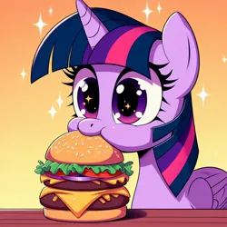 Size: 1024x1024 | Tagged: prompter needed, safe, ai content, derpibooru import, machine learning generated, twilight sparkle, twilight sparkle (alicorn), alicorn, pony, aweeg*, burger, cheeseburger, cute, eating, female, food, g4, generator:dall-e 3, hamburger, image, jpeg, mare, puffy cheeks, solo, starry eyes, that pony sure does love burgers, twiabetes, wingding eyes
