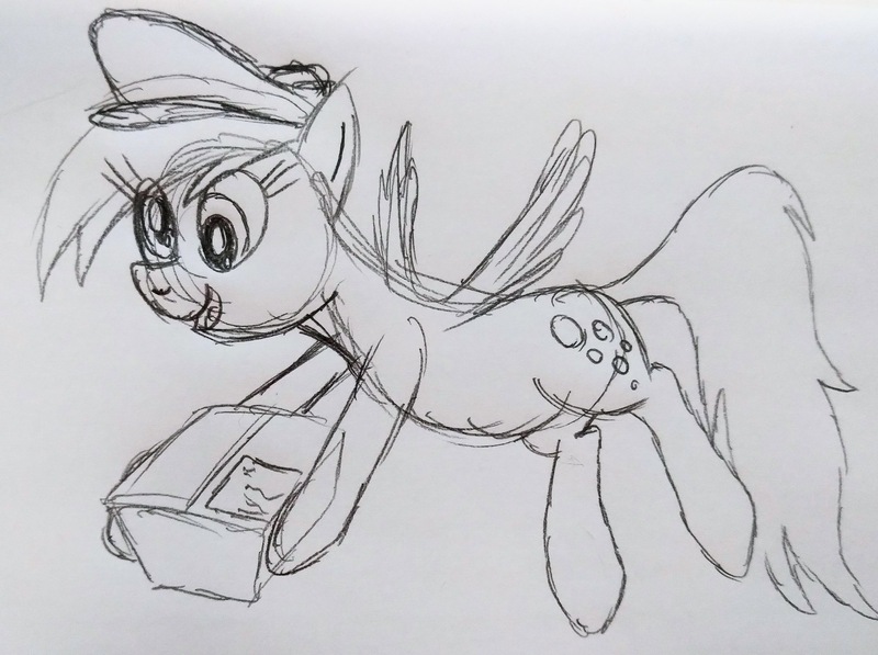 Size: 3323x2480 | Tagged: safe, artist:dhm, derpibooru import, derpy hooves, pony, box, image, jpeg, mailmare, monochrome, package, sketch, solo, traditional art