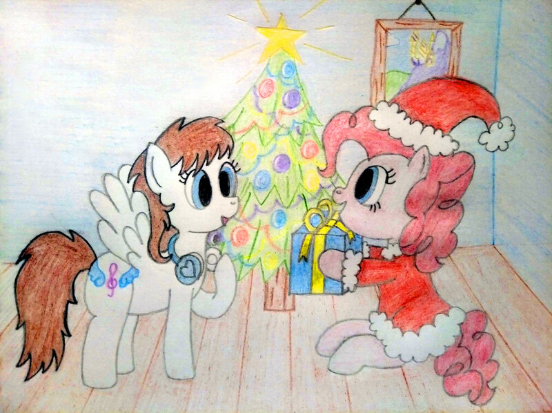 Size: 4032x3016 | Tagged: safe, artist:jakusi, ponerpics import, pinkie pie, oc, earth pony, pegasus, pony, canterlot, christmas, christmas tree, clothes, costume, duo, duo female, female, gift giving, happy, hat, headphones, holiday, image, jpeg, mare, pegasus oc, picture frame, present, santa costume, santa hat, sitting, traditional art, tree, wings