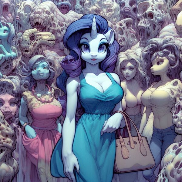 Size: 1024x1024 | Tagged: safe, ai content, derpibooru import, machine learning generated, rarity, anthro, unicorn, bag, big breasts, breasts, busty rarity, cleavage, clothes, creepy, dress, female, g4, handbag, horror, image, jpeg, looking at you, petrification, prompter:horselover fat, purse, surreal, turned to stone, weird