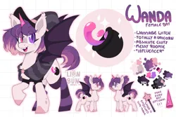 Size: 3000x2000 | Tagged: safe, artist:lionbun, derpibooru import, oc, oc:wanda, bat pony, bat pony oc, bat wings, character design, clothes, cute, fake horn, hat, image, png, reference sheet, socks, stockings, thigh highs, wings, witch, witch hat