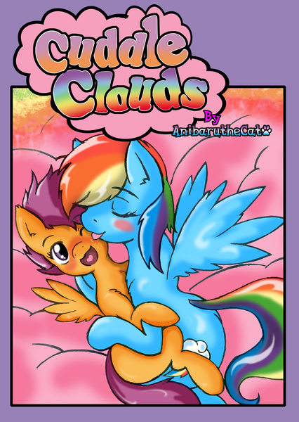 Size: 1240x1748 | Tagged: safe, artist:anibaruthecat, ponerpics import, rainbow dash, scootaloo, pegasus, pony, comic:cuddle clouds, blushing, cloud, comic cover, cover, cuddling, female, grooming, image, jpeg, lesbian, licking, mare, scootadash, scootalove, shipping, snuggling, tongue out