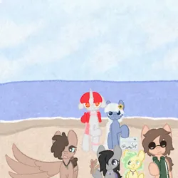 Size: 1020x1020 | Tagged: safe, artist:castafae, derpibooru import, oc, oc:albatross, oc:easel, oc:gray garden, oc:greenie, oc:radio, oc:reign, oc:snowy, unofficial characters only, earth pony, pegasus, pony, unicorn, beach, blushing, clothes, cooler, female, group, group photo, hair over one eye, image, lidded eyes, looking at you, mare, png, smiling, spread wings, sunglasses, tiny, tiny ponies, wingding eyes, wings