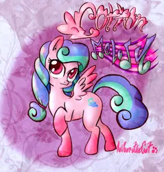 Size: 1636x1708 | Tagged: safe, artist:anibaruthecat, ponerpics import, oc, oc:cotton melody, unofficial characters only, pegasus, pony, abstract background, cotton candy, female, females only, filly, image, jpeg, music notes, pegasus oc, raised hoof, solo, text, wings