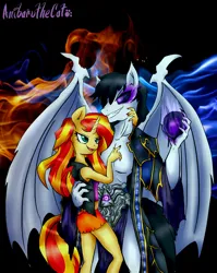 Size: 2550x3207 | Tagged: safe, artist:anibaruthecat, ponerpics import, sunset shimmer, oc, oc:malcontent, anthro, unicorn, bat wings, black background, black sclera, canon x oc, clothes, demonic, embrace, female, image, jpeg, male, ow the edge, simple background, smiling, straight, wings