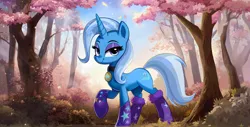 Size: 2560x1296 | Tagged: safe, ai content, derpibooru import, machine learning generated, trixie, pony, unicorn, boots, bush, clothes, collar, eyeshadow, forest, generator:pony diffusion v5, image, jewelry, legwear, looking at you, makeup, nature, necklace, png, prompter:saphkey, scenery, shoes, side view, smiling, solo, tree, wallpaper