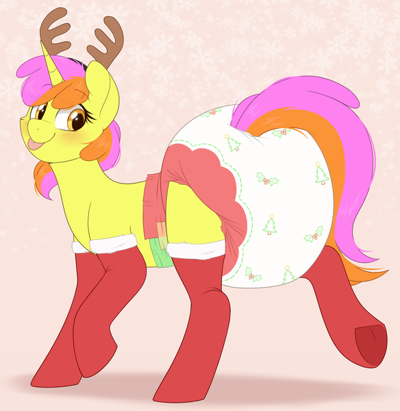 Size: 1751x1800 | Tagged: suggestive, artist:shuphle, derpibooru import, oc, unofficial characters only, pony, antlers, clothes, diaper, diaper fetish, fetish, image, png, poofy diaper, reindeer antlers, socks, stockings, thigh highs