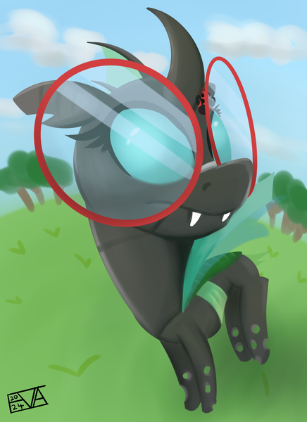 Size: 4000x5500 | Tagged: safe, artist:evan555alpha, ponerpics import, ponybooru import, oc, oc:yvette (evan555alpha), unofficial characters only, changeling, insect, ladybug, broach, changeling oc, cloud, cloudy, dorsal fin, evan's daily buggo iii, fangs, female, fisheye lens, glasses, grass, image, lineless, looking at you, looking up, painting, png, round glasses, signature, sketch, sky, solo, turned head