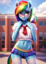 Size: 920x1264 | Tagged: suggestive, ai content, derpibooru import, machine learning generated, rainbow dash, human, equestria girls, clothes, humanized, image, microskirt, png, school uniform, skirt, solo