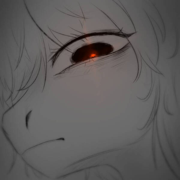 Size: 894x894 | Tagged: safe, artist:chevapchichi_, glare, glowing eye, hair over one eye, image, jpeg, looking at you, monochrome, nostrils, red pupils