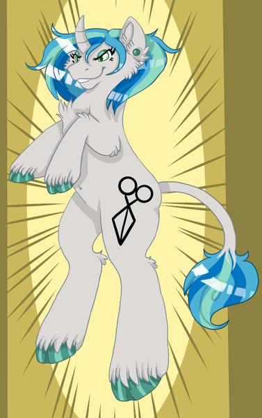 Size: 1056x1680 | Tagged: safe, artist:annuthecatgirl, derpibooru import, oc, oc:sharp shear, unicorn, belly button, cloven hooves, curved horn, horn, image, leonine tail, png, solo, standing up, tail