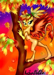 Size: 1700x2338 | Tagged: safe, artist:anibaruthecat, ponerpics import, oc, unofficial characters only, gryphon, autumn, autumn leaves, background, bipedal, bipedal leaning, branches, green eyes, griffon oc, image, jpeg, leaf, leaning, leaning forward, scratches, smiling, solo, stars, tree