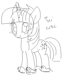 Size: 385x461 | Tagged: safe, artist:omelettepony, twilight sparkle, pony, unicorn, crocs, female, image, lineart, mare, monochrome, png, simple background, solo, text, twilight crockle, unicorn twilight, white background