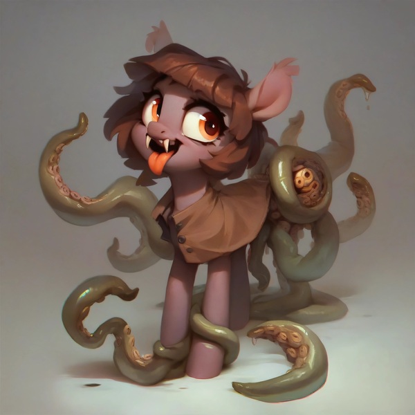 Size: 4096x4096 | Tagged: safe, ai content, derpibooru import, machine learning generated, stable diffusion, oc, oc:thingpone, unofficial characters only, adoracreepy, big ears, brown coat, brown mane, creepy, cute, ear fluff, fangs, female, generator:purplesmart.ai, gray background, image, jpeg, looking sideways, open mouth, orange eyes, short mane, simple background, solo, solo female, tentacles, tongue out
