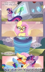 Size: 2560x4096 | Tagged: safe, artist:kebchach, derpibooru import, fluttershy, rainbow dash, twilight sparkle, pegasus, pony, unicorn, art pack:welcum to birthday artpack, comic:hurricane sluttershy, hurricane fluttershy, blushing, chest fluff, comic, dialogue, female, flutterdash, g4, goggles, human shoulders, image, lesbian, looking at someone, missing cutie mark, open mouth, png, shipping, smiling, spread wings, text, tornado, wings
