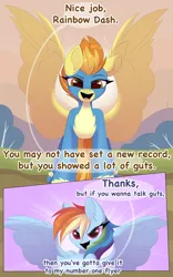 Size: 2560x4096 | Tagged: safe, artist:kebchach, derpibooru import, rainbow dash, spitfire, pegasus, pony, art pack:welcum to birthday artpack, comic:hurricane sluttershy, hurricane fluttershy, clothes, dialogue, g4, image, looking at each other, looking at someone, open mouth, png, smiling, spread wings, text, uniform, wings, wonderbolts uniform