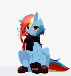 Size: 2800x3000 | Tagged: safe, artist:heddopen, derpibooru import, rainbow dash, pegasus, clothes, eating, floppy ears, image, looking at you, png, scarf, shoes, snow, solo, wings
