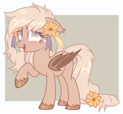 Size: 2920x2700 | Tagged: safe, artist:cheekipone, ponerpics import, oc, oc:ray of sunshine, unofficial characters only, bat pony, pony, base used, bat pony oc, bat wings, blushing, ear piercing, ear tufts, earring, female, flower, folded wings, image, jewelry, looking away, mare, piercing, png, raised hoof, ribbon, simple background, solo, standing, sunflower, unshorn fetlocks, wings