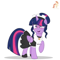 Size: 2000x2000 | Tagged: safe, artist:r4hucksake, derpibooru import, twilight sparkle, twilight sparkle (alicorn), alicorn, pony, base used, bell, bell collar, blushing, clothes, collar, cute, image, maid, maidlight sparkle, png, raised hoof, simple background, solo, transparent background, twiabetes
