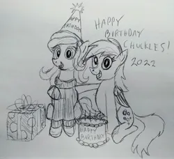 Size: 3240x2953 | Tagged: safe, artist:dhm, derpibooru import, derpy hooves, oc, oc:chuckles, pony, birthday, cake, candle, food, gift art, image, jpeg, monochrome, sketch, traditional art