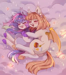 Size: 2500x2812 | Tagged: safe, artist:cheekipone, ponerpics import, oc, oc:honey milk, unofficial characters only, bat pony, pony, bat pony oc, bat wings, blushing, cloud, cloven hooves, cuddling, dark, dock, duo, ear piercing, ear tufts, earring, eyes closed, fangs, female, head chain, hoof heart, image, jewelry, jpeg, lying down, lying on a cloud, mare, on a cloud, open mouth, piercing, smiling, sparkles, stars, tongue out, underhoof, unshorn fetlocks, wings