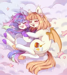 Size: 2500x2812 | Tagged: safe, alternate version, artist:cheekipone, ponerpics import, oc, oc:honey milk, unofficial characters only, bat pony, pony, bat pony oc, bat wings, blushing, cloud, cloven hooves, cuddling, dock, duo, ear piercing, ear tufts, earring, eyes closed, fangs, female, head chain, hoof heart, image, jewelry, jpeg, lying down, lying on a cloud, mare, on a cloud, open mouth, piercing, smiling, sparkles, stars, tongue out, underhoof, unshorn fetlocks, wings