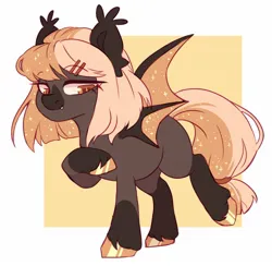 Size: 1648x1610 | Tagged: safe, artist:cheekipone, ponerpics import, oc, unofficial characters only, bat pony, pony, bat pony oc, bat wings, ear tufts, fangs, female, hair tie, hairclip, image, jpeg, looking down, mare, raised hoof, raised leg, simple background, solo, sparkles, sparkly mane, sparkly wings, spread wings, unshorn fetlocks, wings