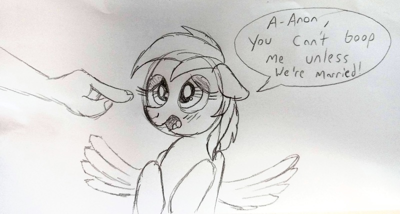 Size: 3845x2056 | Tagged: safe, artist:dhm, derpibooru import, rainbow dash, oc, oc:anon, pony, blushing, boop, image, jpeg, monochrome, sketch, speech bubble, spread wings, traditional art, wingboner, wings