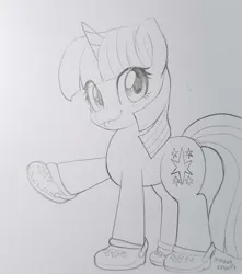 Size: 1916x2172 | Tagged: safe, artist:moozua, twilight sparkle, pony, unicorn, :p, crocs, female, image, jpeg, lineart, looking at you, mare, monochrome, raised hoof, simple background, solo, tongue out, traditional art, twilight crockle, unicorn twilight, white background