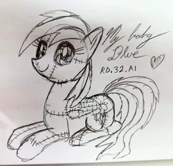 Size: 3256x3120 | Tagged: safe, artist:dhm, derpibooru import, rainbow dash, oc, oc:rd.32.ai, pony, robot, exwaifuexmachina, heart, image, jpeg, lying down, monochrome, sketch, solo, stitched body, traditional art